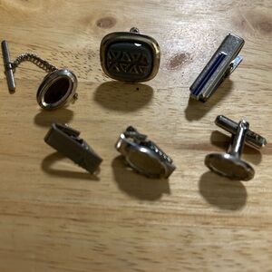 6 Silver, Gold and black vintage cufflinks and tie clips bars accessories
